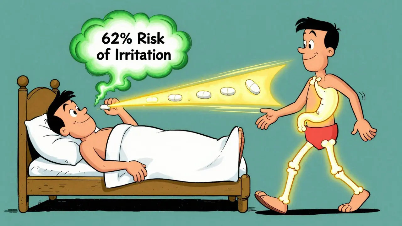 Man lying down after taking medication causes esophageal danger, standing up keeps it safe.