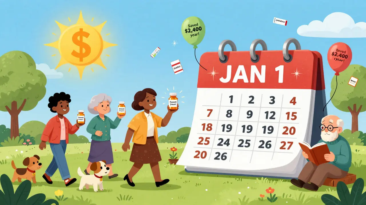 Medicare beneficiaries enjoying life in park with pill bottles showing big savings.