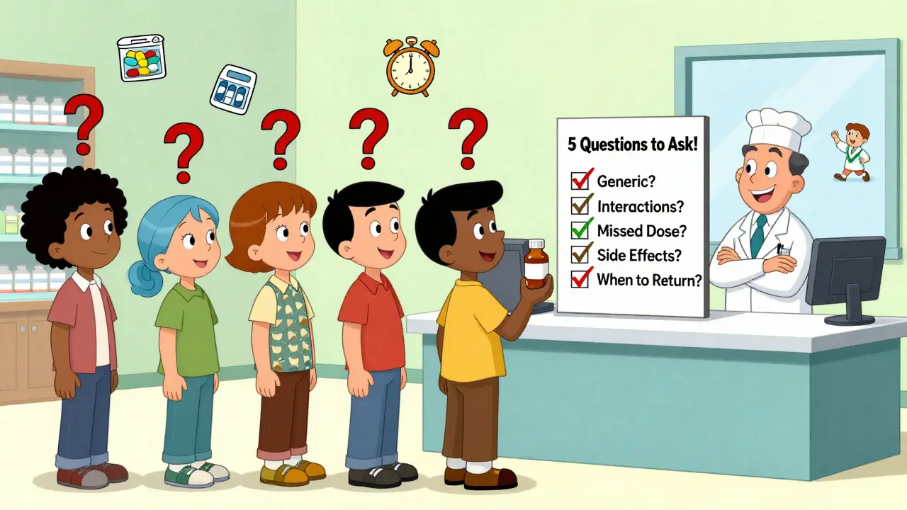 Multiple patients ask questions at a pharmacy counter while a pharmacist holds a checklist of key medication questions.