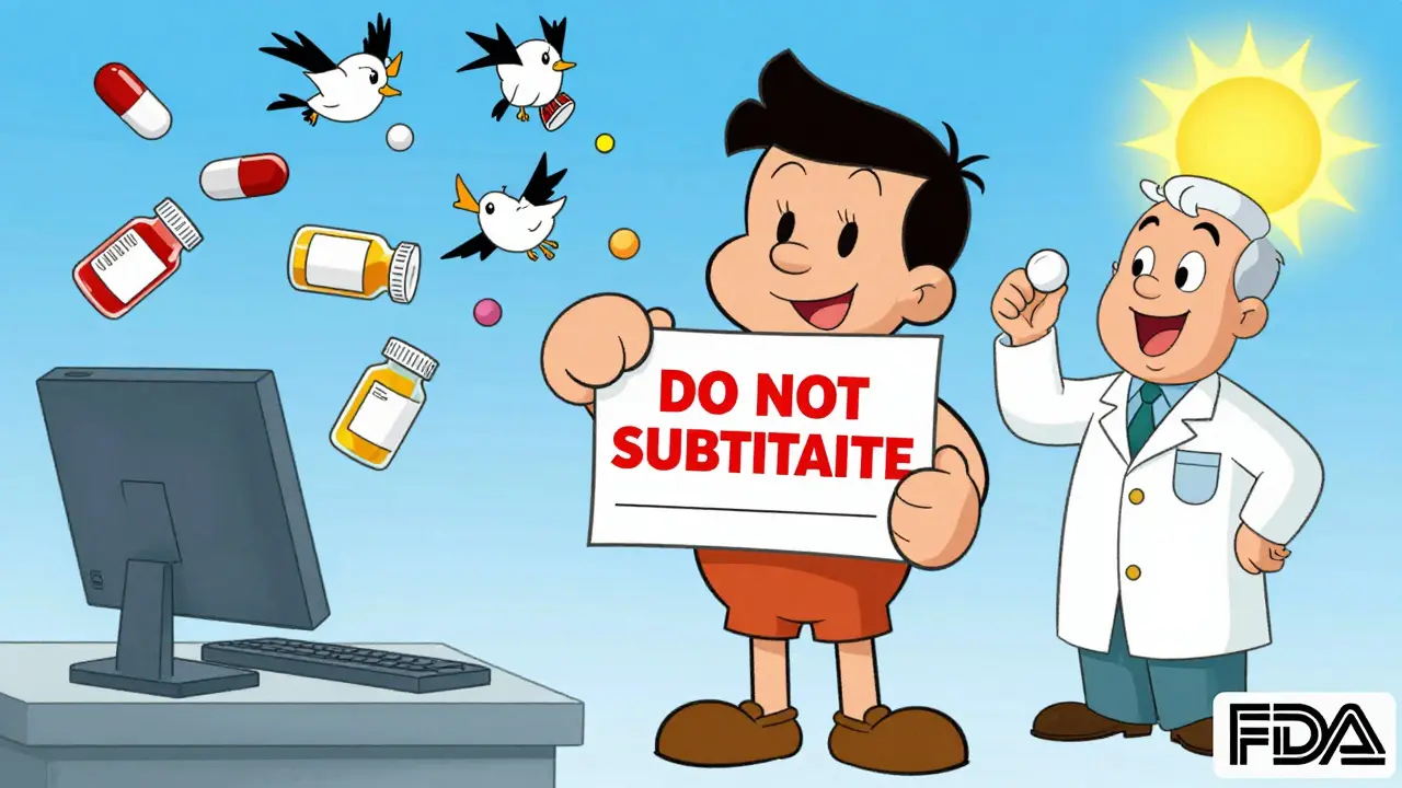 Patient holding 'Do Not Substitute' prescription, pharmacist handing consistent pill, other generics flying away.