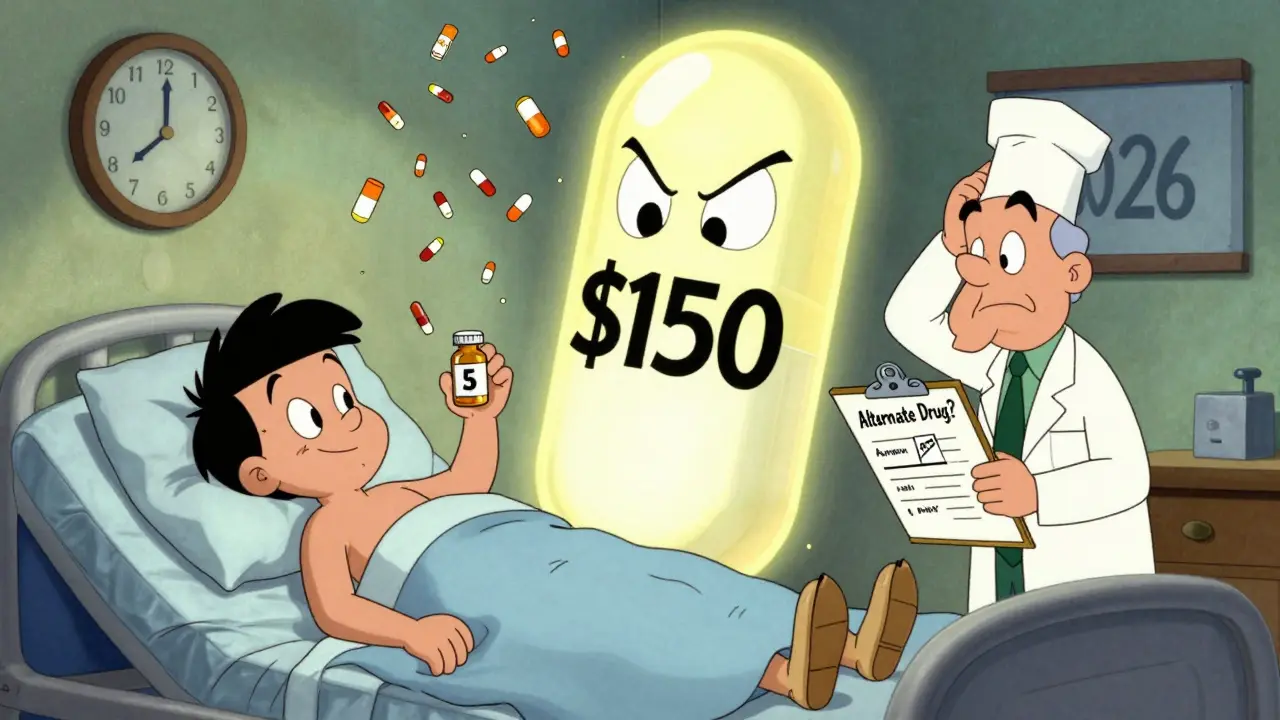 Patient holds cheap pill next to giant expensive alternative in cartoon hospital