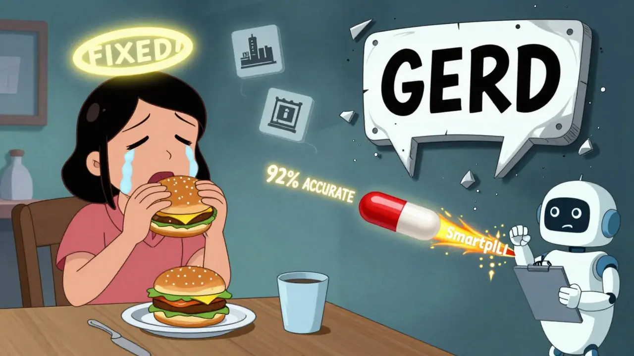 Patient joyfully eating burger after treatment, with crumbling GERD sign and SmartPill rocket