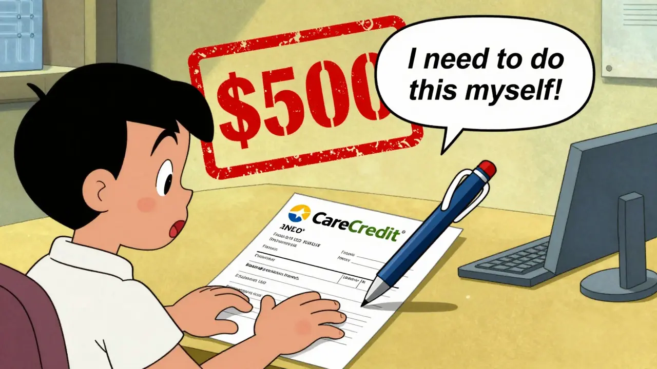 Patient stopping a billing clerk from filling out a CareCredit® application with their hand.