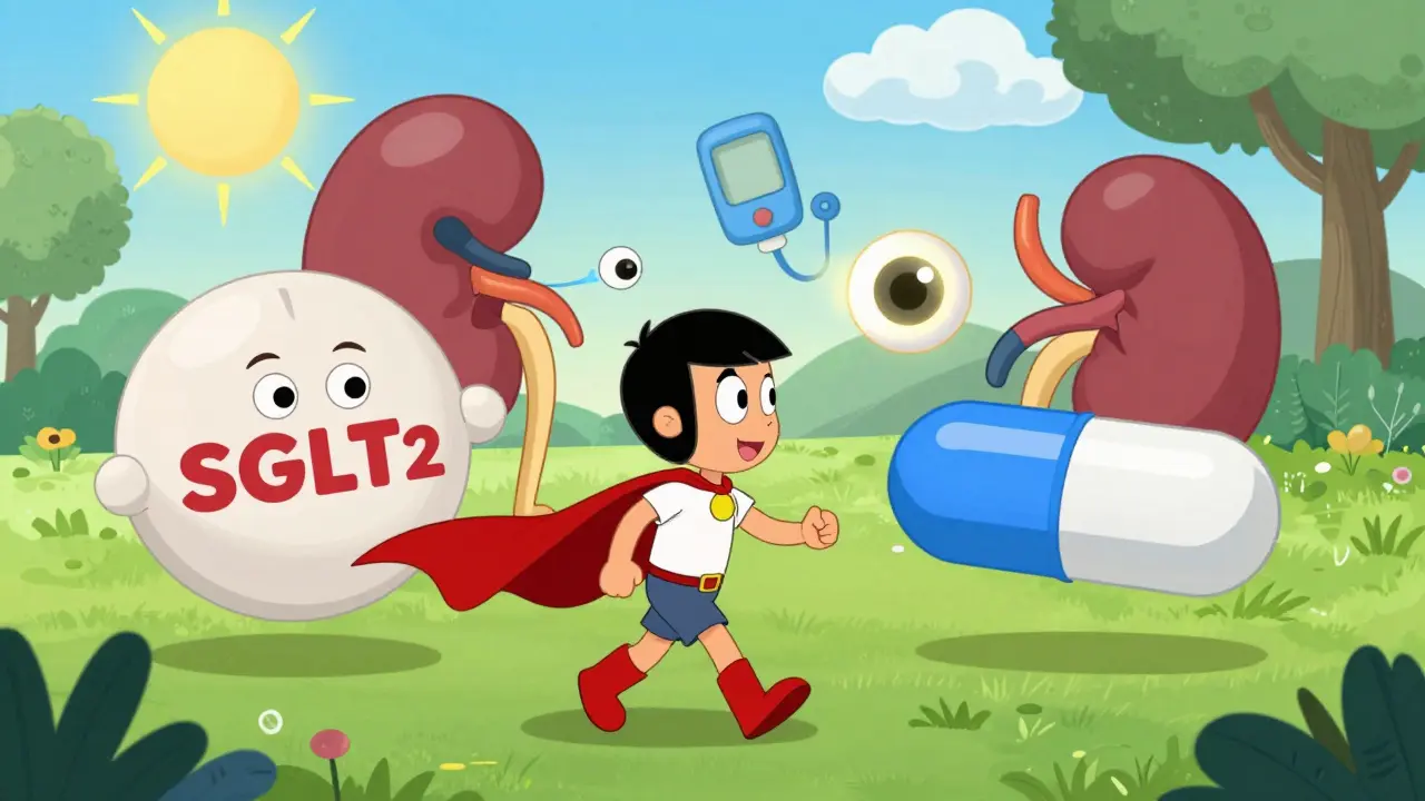 Person walking in park with superhero pills flying beside them as damaged organs heal in background.