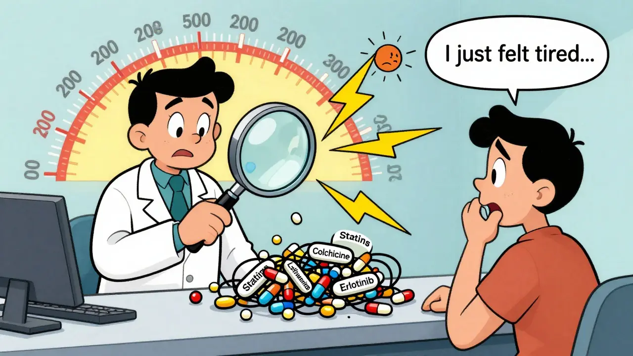 Pharmacist examining dangerous pill combinations with lightning bolts and a skyrocketing CK meter, in retro cartoon style.
