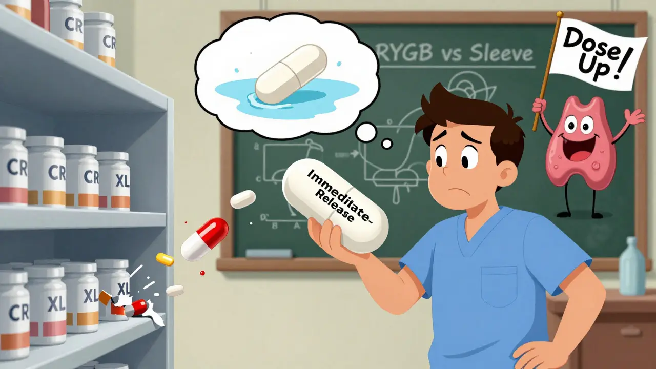 Pharmacist handing immediate-release pills to a patient as extended-release tablets break apart, thyroid icon waves nearby.