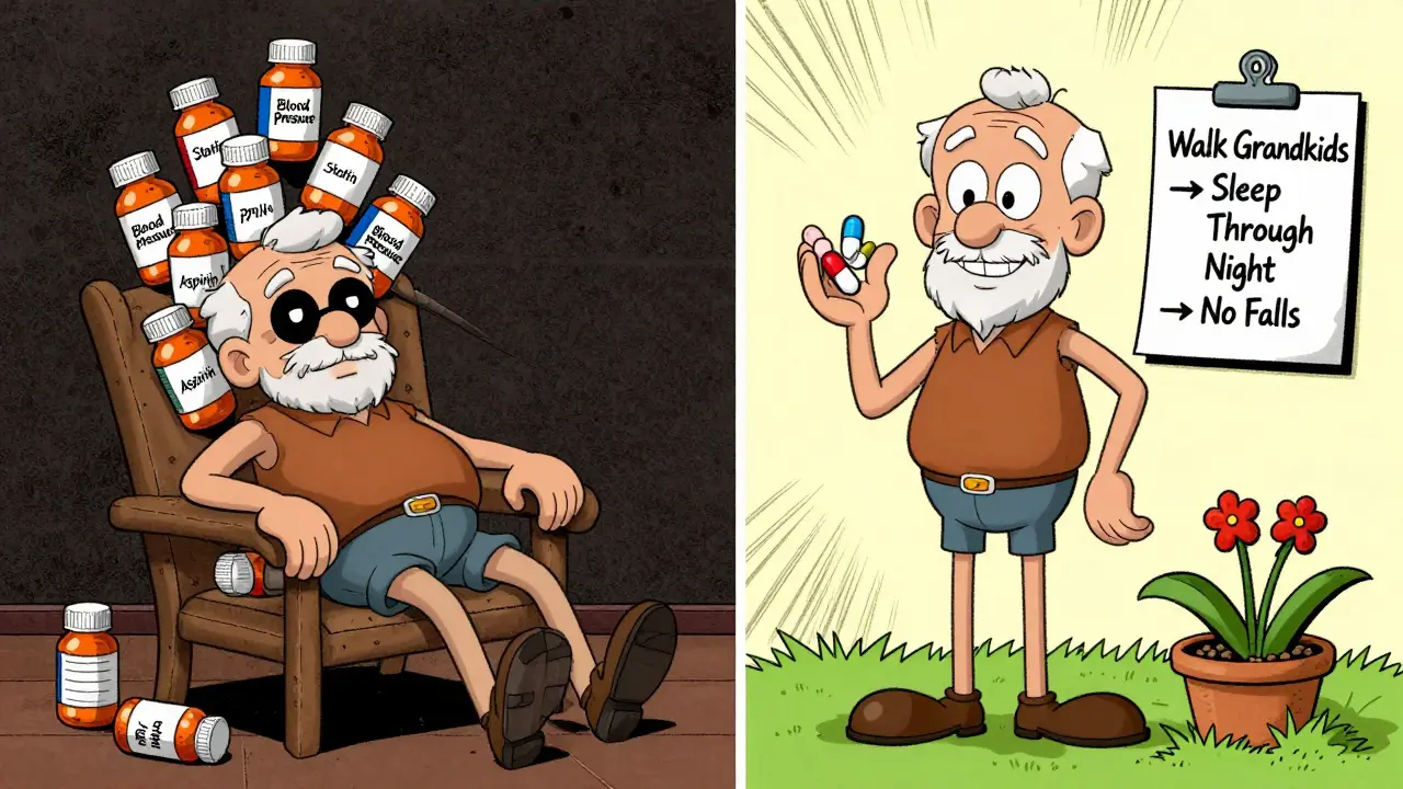Side-by-side cartoon: one side shows an overwhelmed senior buried in pills, the other shows the same man gardening happily with only a few meds.