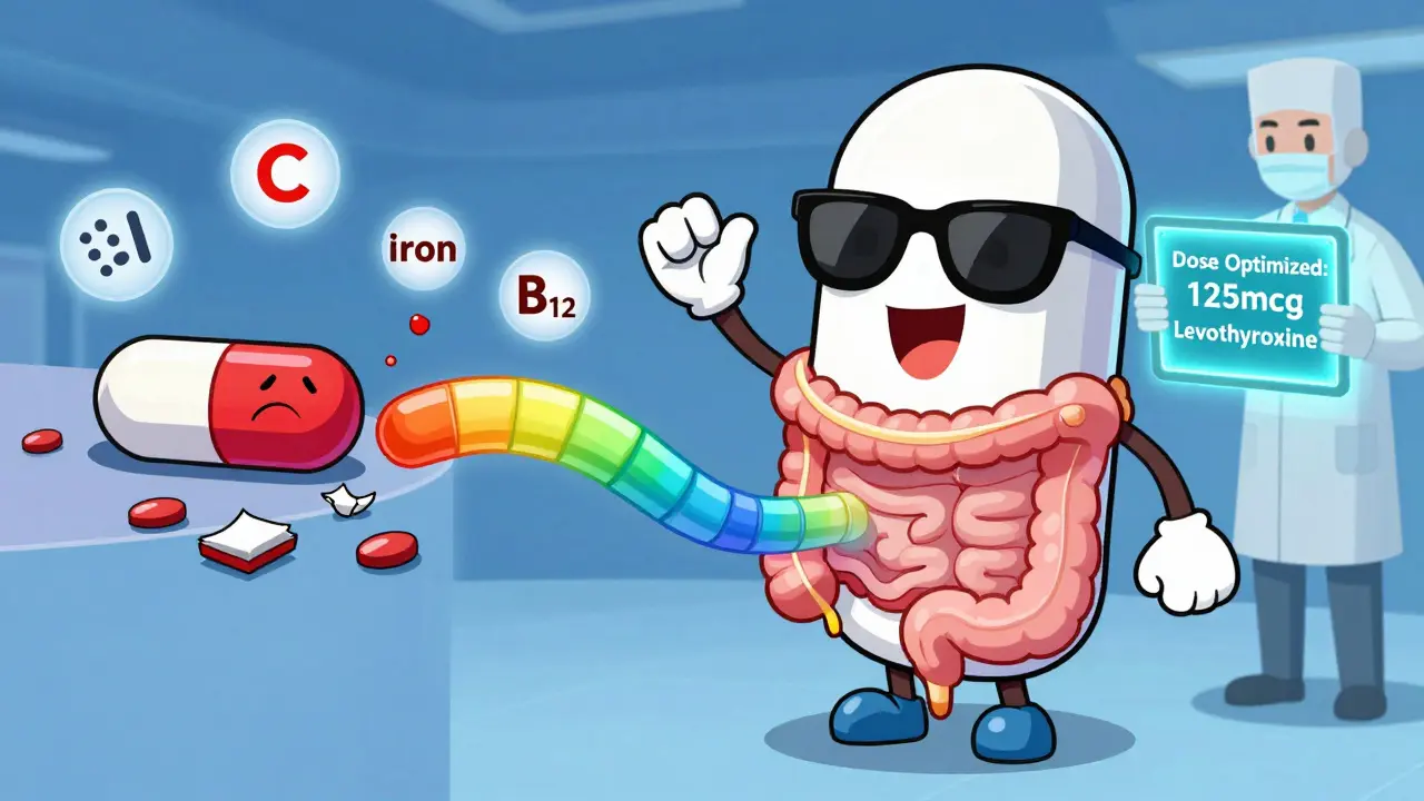 Smiling adaptive pill changes color while passing a bypass, old pill breaks behind it, vitamins float in background.