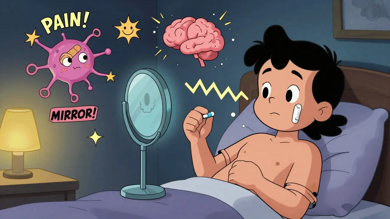 Someone taking nighttime medication while using mirror therapy, with cartoon neurons firing pain and healing signals.