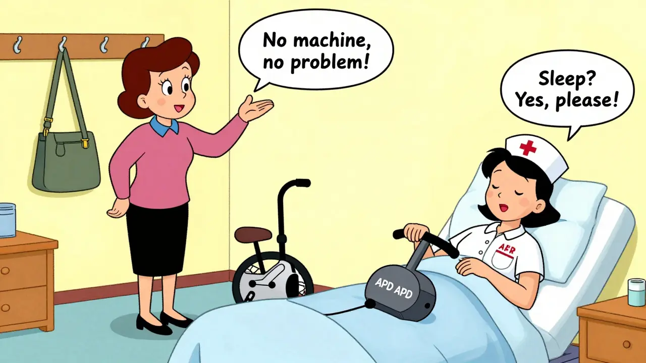 Split scene: teacher doing daytime dialysis at work, nurse waking up refreshed after nighttime machine treatment.