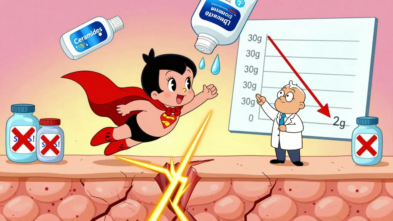 Superhero emollient repairing a cracked skin barrier with ceramides and petrolatum, while harmful ingredients are marked with X's.