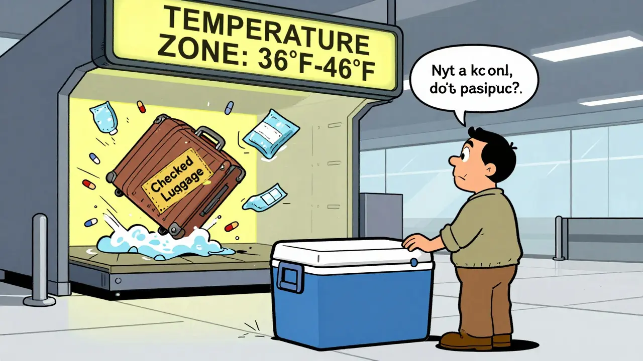 Traveler declaring medical cooler at TSA checkpoint while luggage is tossed into a hot cargo hold with melting ice packs.