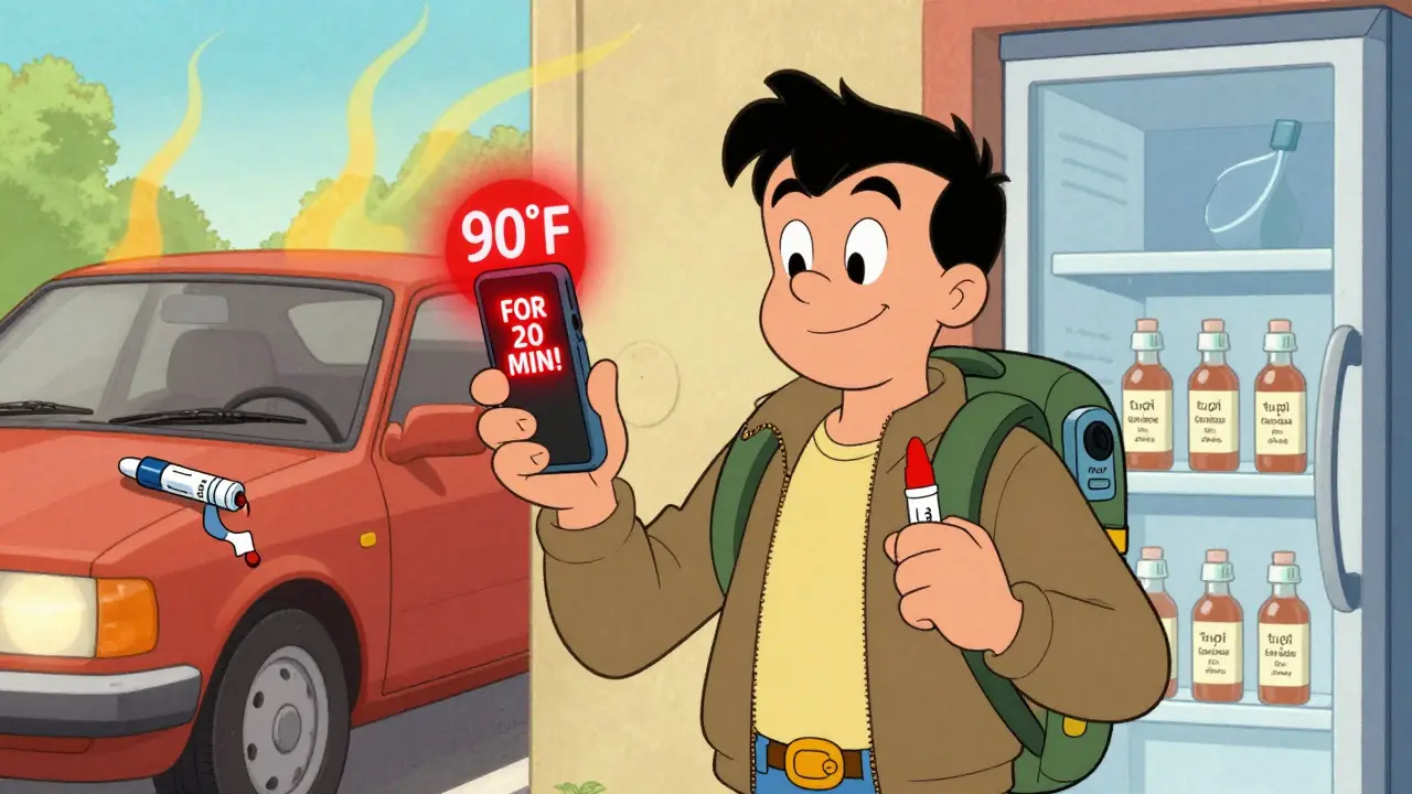 Traveler gets temperature alert on phone while holding backup EpiPen, split background shows safe vs. ruined meds.