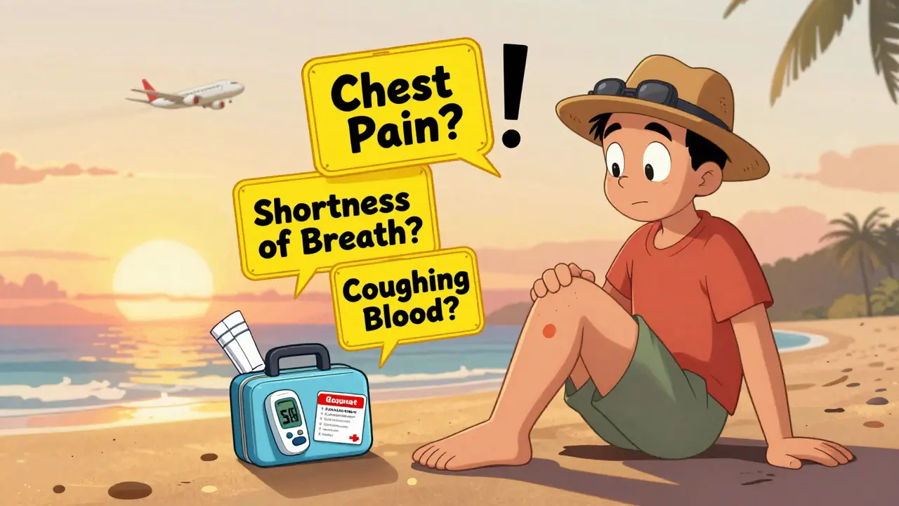 Traveler on beach noticing leg swelling with medical warning signs floating nearby.