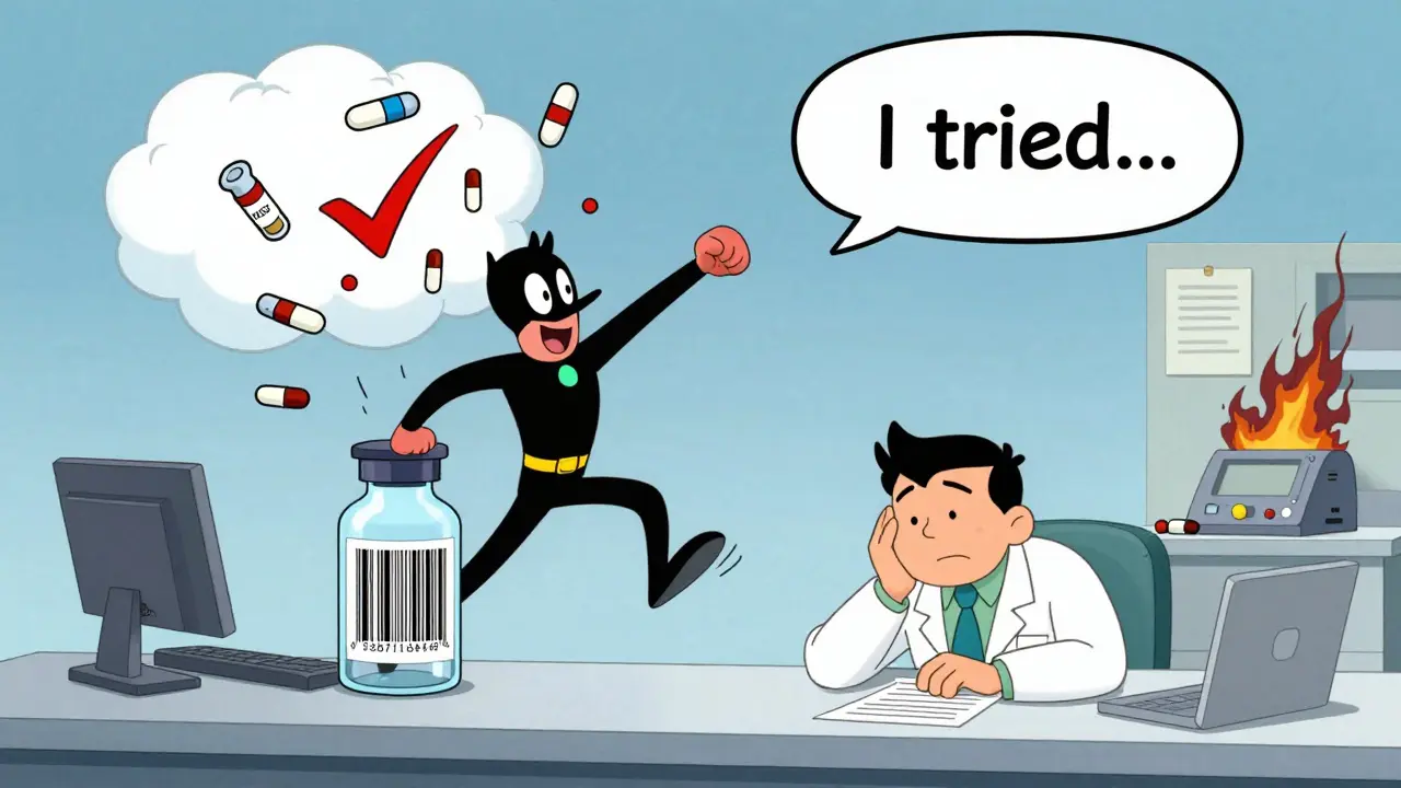 A barcode superhero punching away medication errors as a pharmacist looks relieved