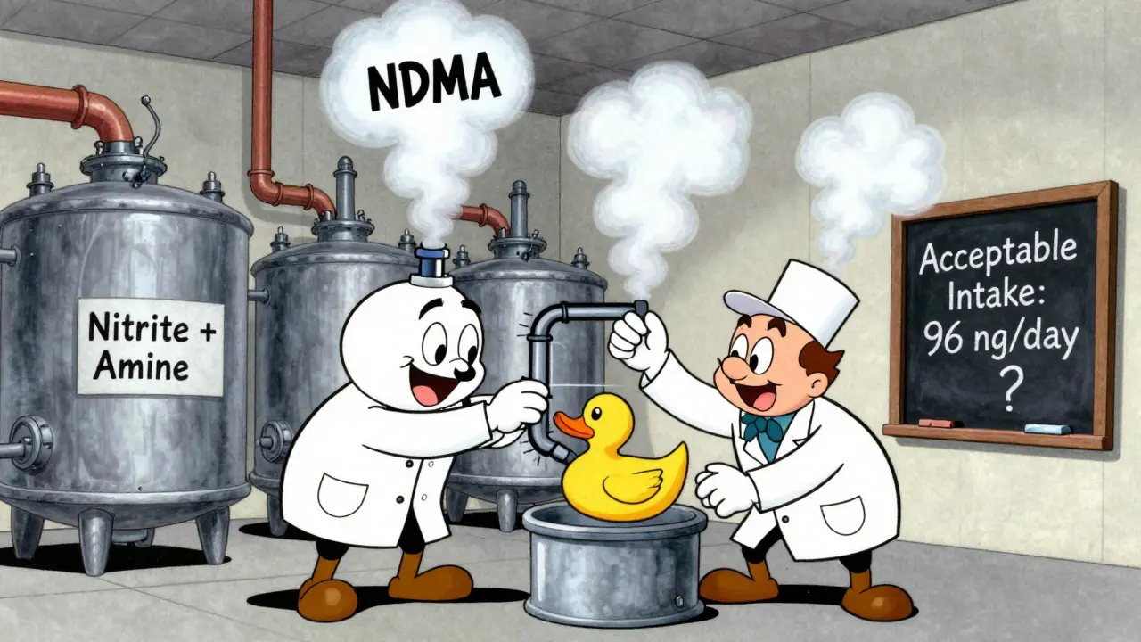A cartoon factory with chemical vats producing nitrosamine smoke, an engineer trying to fix it.