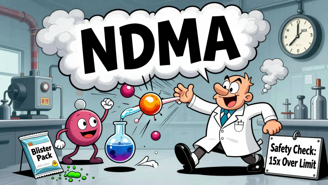 A cartoon lab scene with mischievous chemical blobs causing a nitrosamine reaction, surrounded by warning signs.