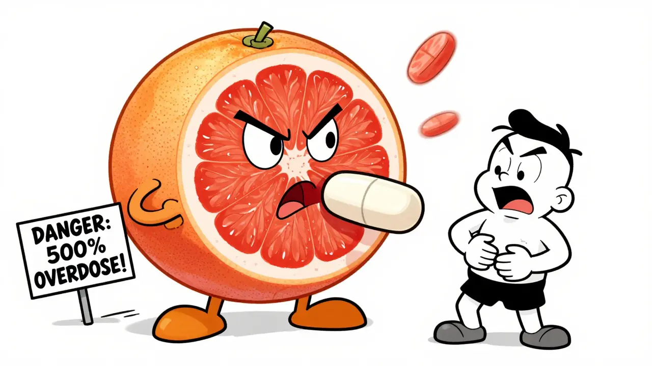 A giant angry grapefruit blocking a statin pill, with a warning sign and a patient in cartoon pain.