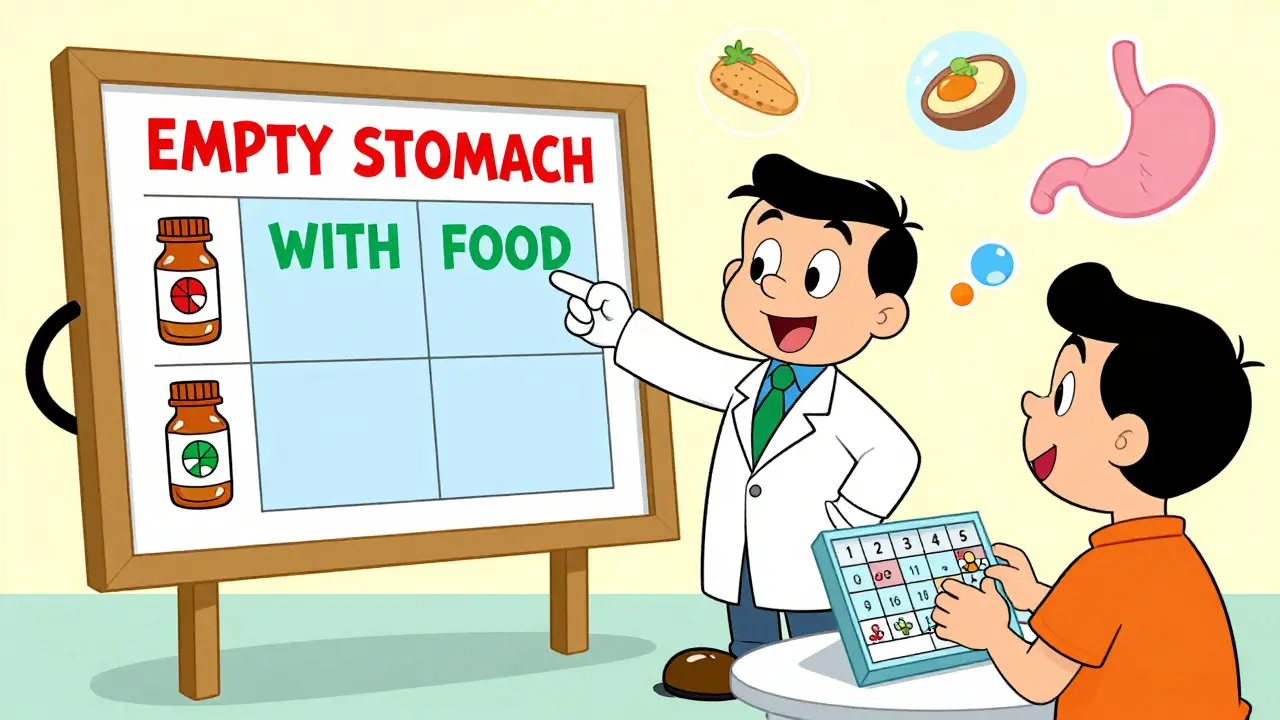 A pharmacist pointing to color-coded pill bottles and a labeled organizer with food timing icons.