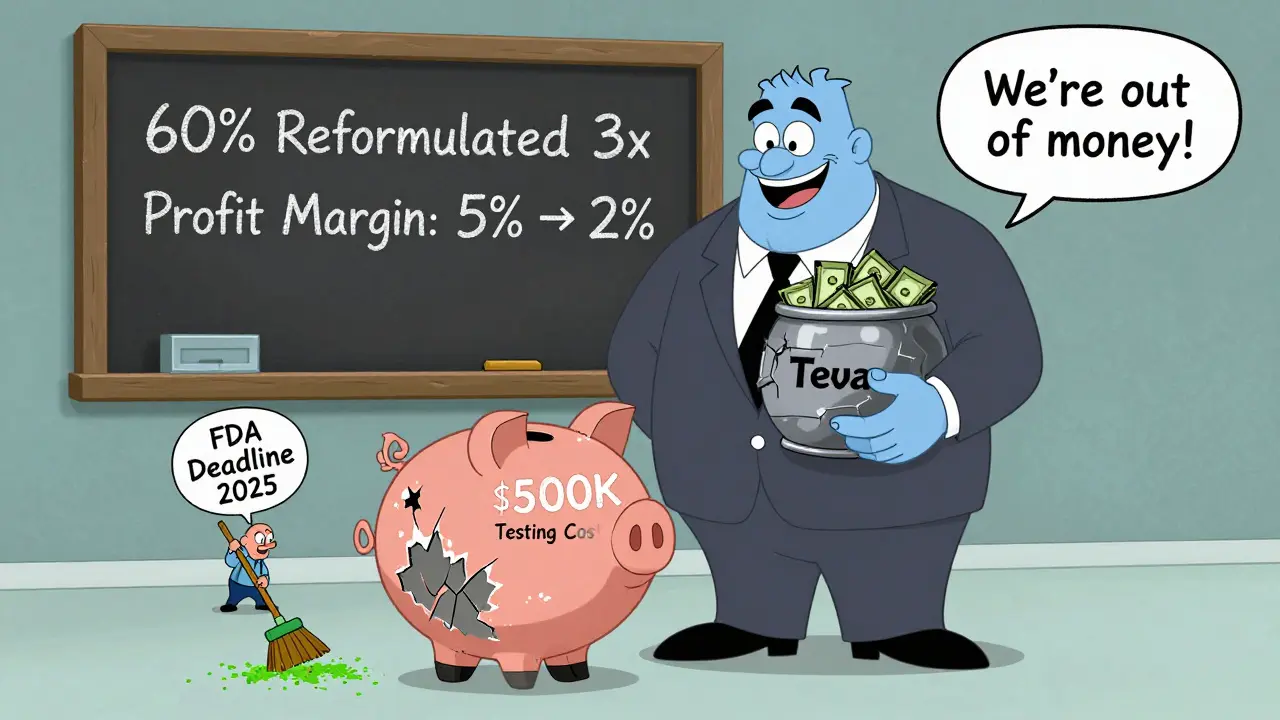 A small drug company owner beside a wealthy corporation, with a cracked piggy bank and chalkboard showing financial struggles.