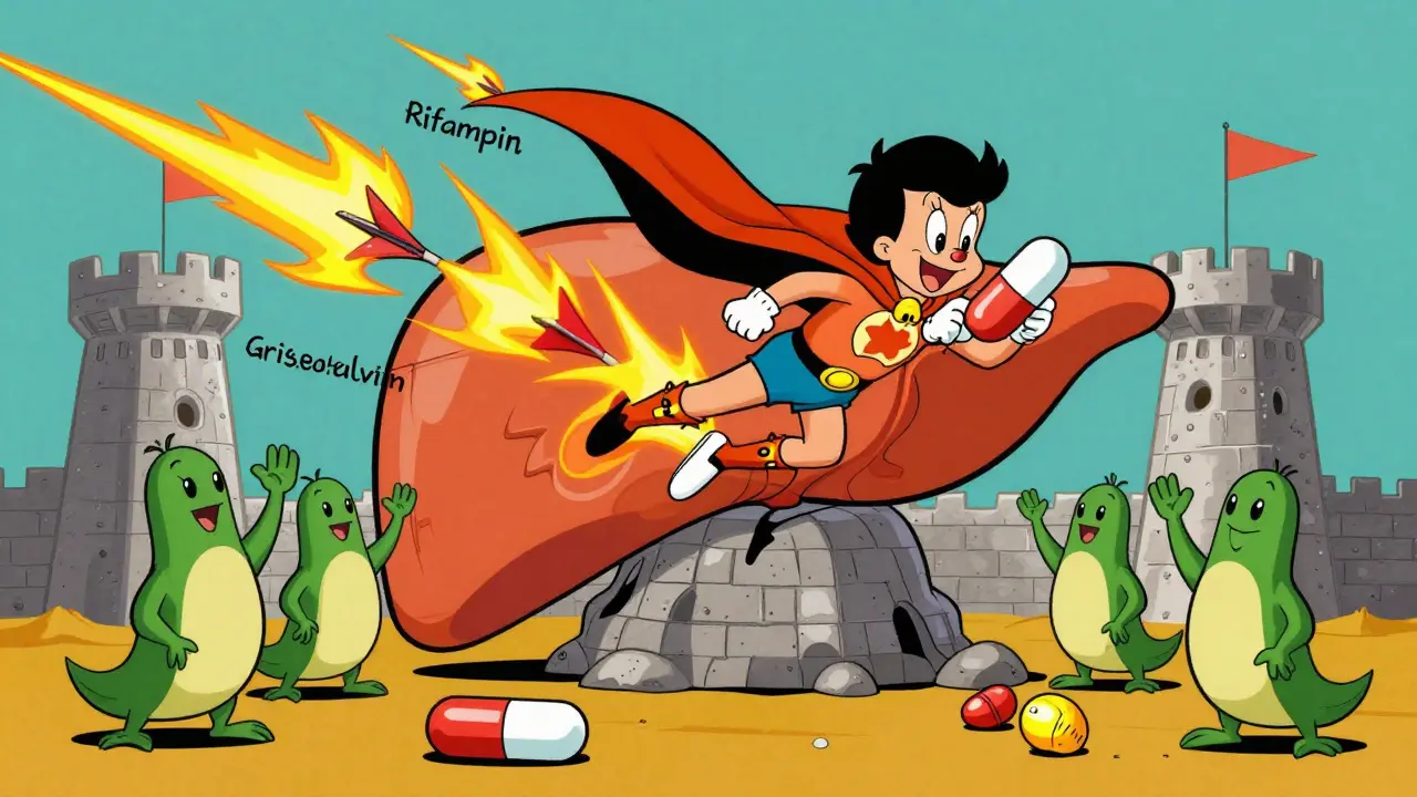 A superhero birth control pill dodges dangerous antibiotics like Rifampin in a liver fortress, with peaceful antibiotics watching.