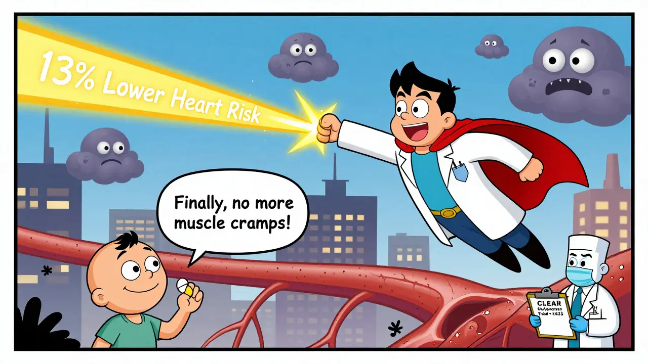 A superhero pill named Bempedoic Acid Man defeating LDL monster clouds, with a happy patient below, in Hanna-Barbera cartoon style.