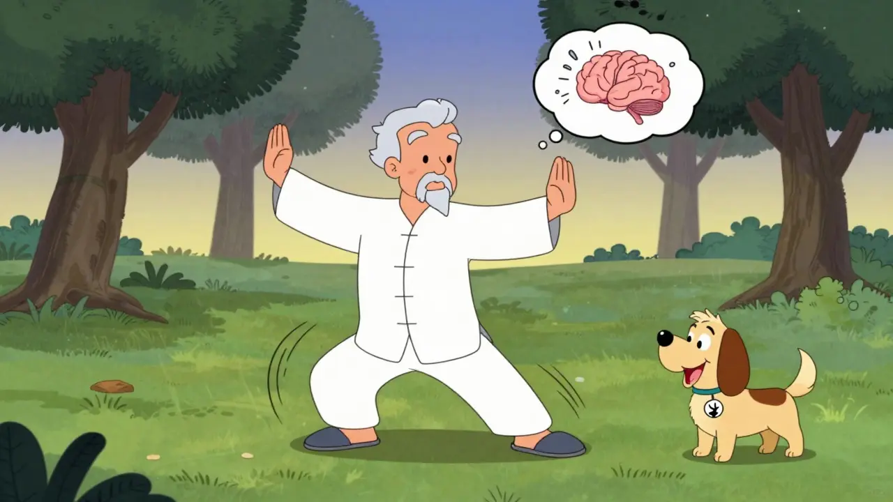 An elderly man practicing slow tai chi in a park at dawn, motion lines showing fluid movement.