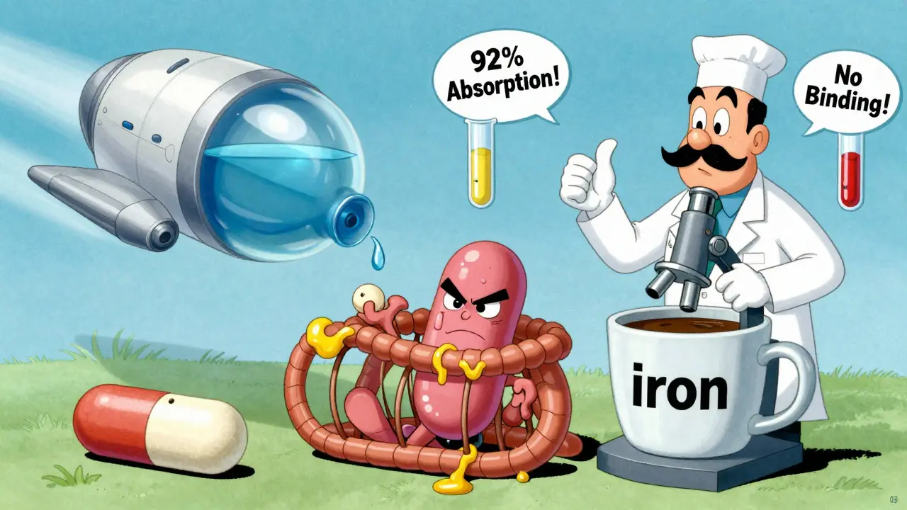 Liquid thyroid pill escaping calcium and iron with a jetpack in a fun lab scene