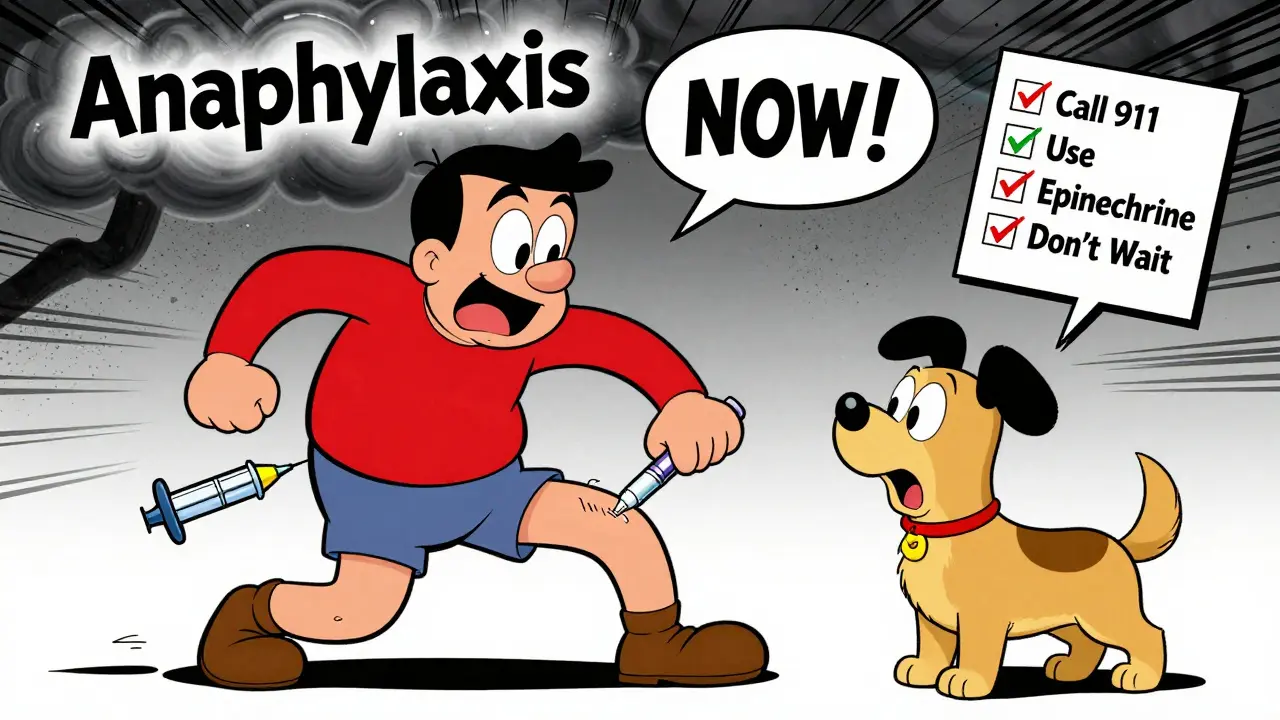 Man using EpiPen on thigh, second injector falling, cartoon style