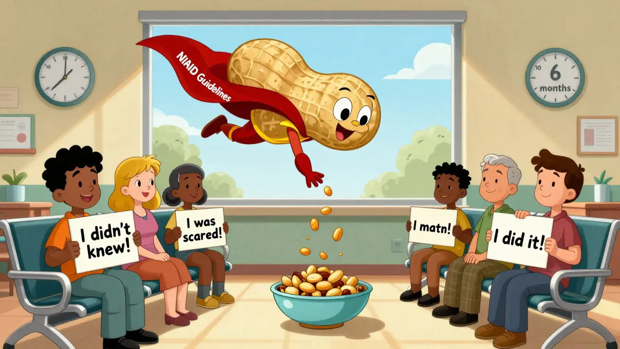 Parents in a clinic holding signs of confusion or confidence as a peanut superhero drops safe snacks.