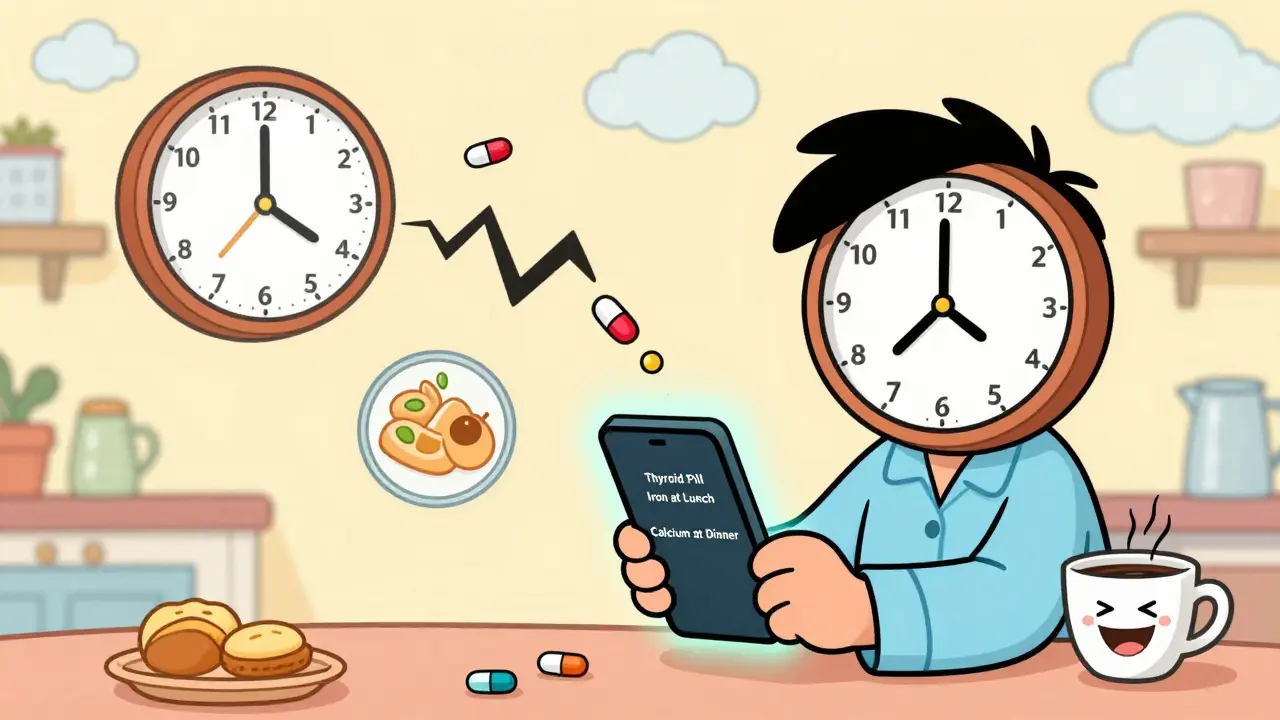 Person setting three alarms for thyroid, iron, and calcium doses with a ticking clock