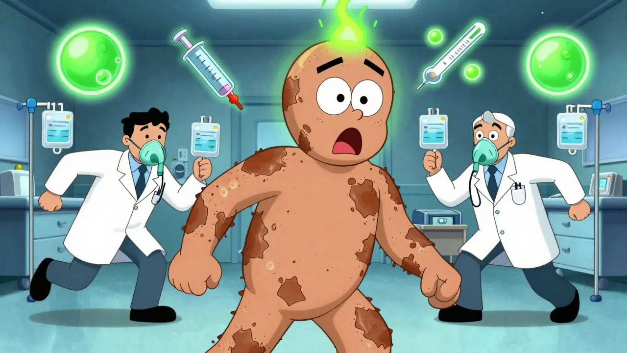 Person with peeling skin in ER, doctors rushing in, cartoon illustration