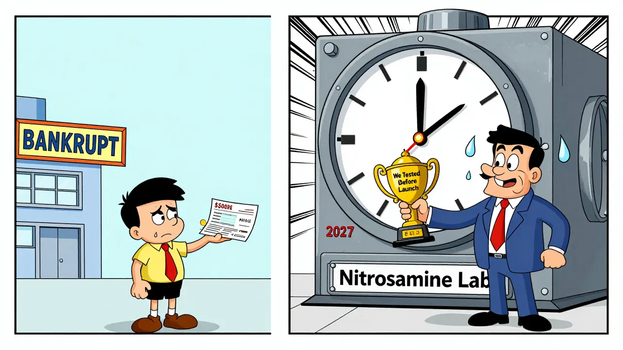 Small generic drug company struggling beside a wealthy competitor with a nitrosamine lab.