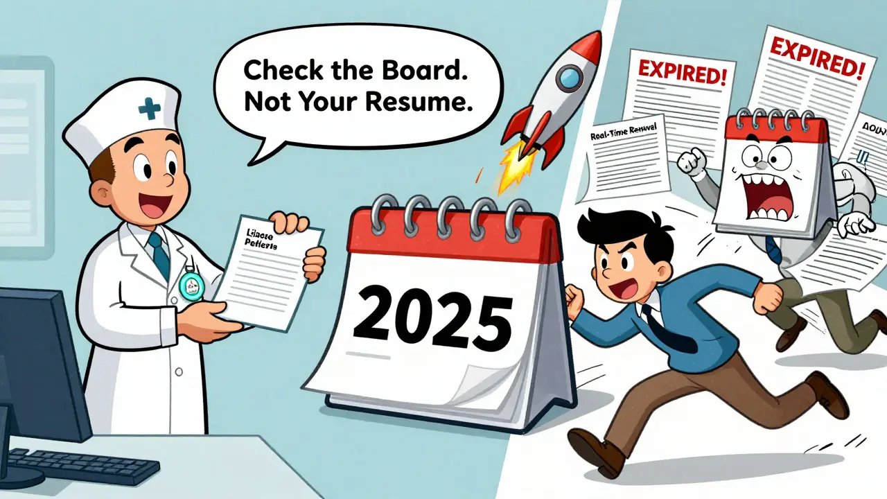 Split scene: one pharmacist gets hired with an active license, another is chased away by expired forms, as a rocket labeled 'Real-Time Updates' launches.