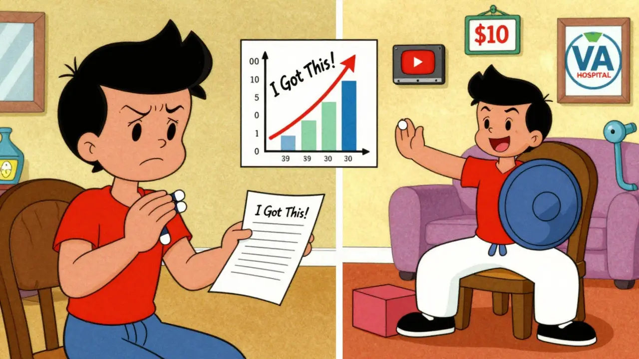 Split scene: person switching from pain pills to seated tai chi, with a rising progress chart.