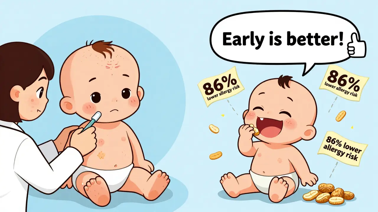 Split scene showing a baby undergoing allergy testing and later enjoying peanut puffs with a success banner.