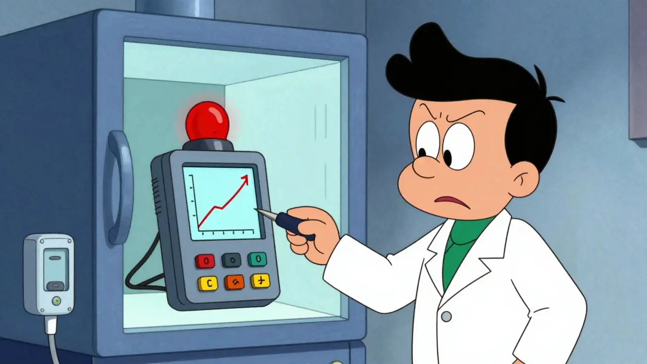 Technician monitoring a data logger alarm in a pharmacy fridge with sensors.