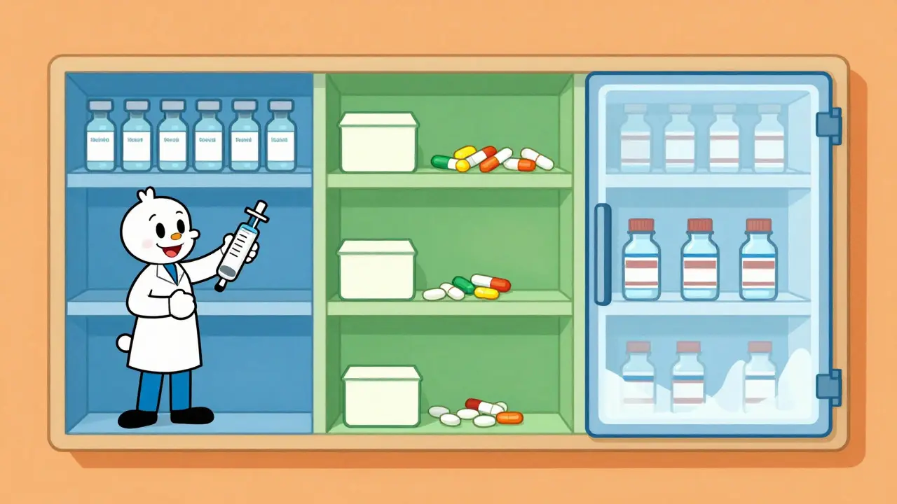 Technician organizing medications into color-coded storage zones in a pharmacy fridge.