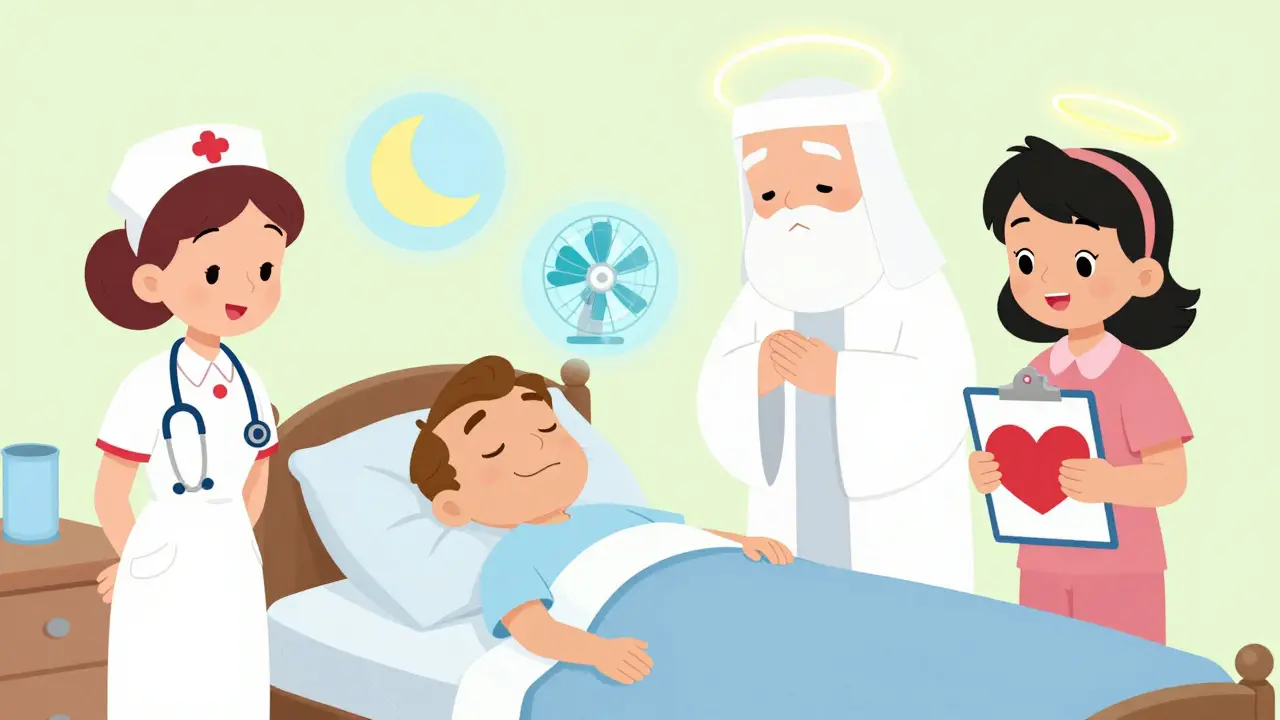 A hospice care team surrounds a peaceful patient, with icons representing comfort, sleep, and breathing floating above them.