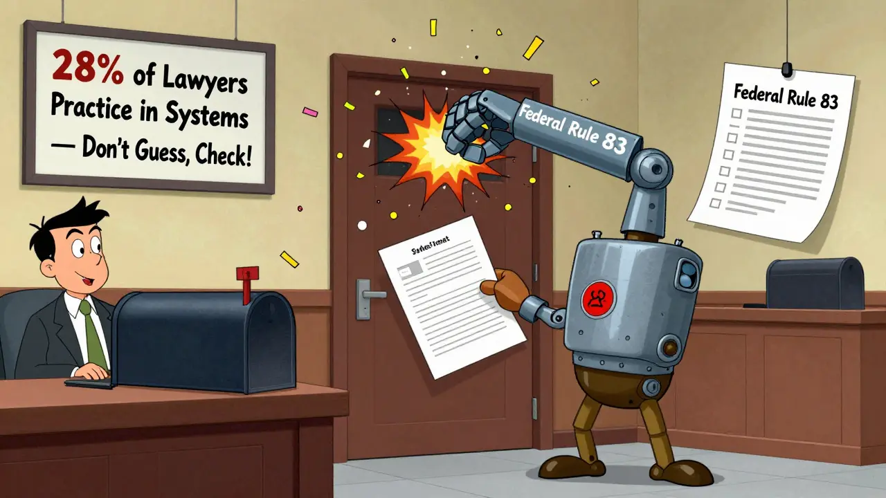 A lawyer’s state form exploding as federal court rules block submission, with a giant checklist in the background.