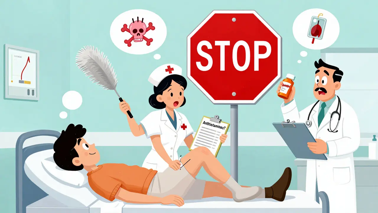 A nurse administers epinephrine while doctors argue over antihistamines, with a patient lying flat on a hospital bed in Hanna-Barbera cartoon style.