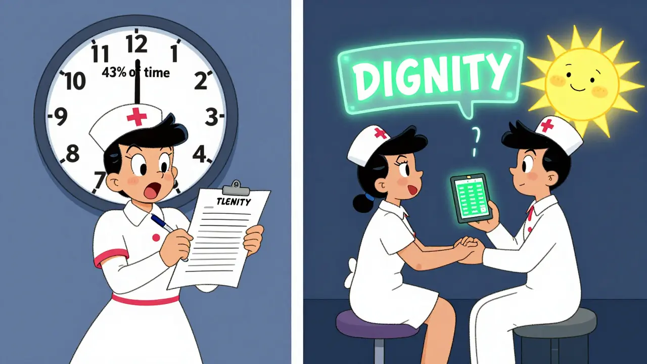 A nurse chooses to hold a patient's hand instead of filling out paperwork, as a glowing 'DIGNITY' sign shines above them.