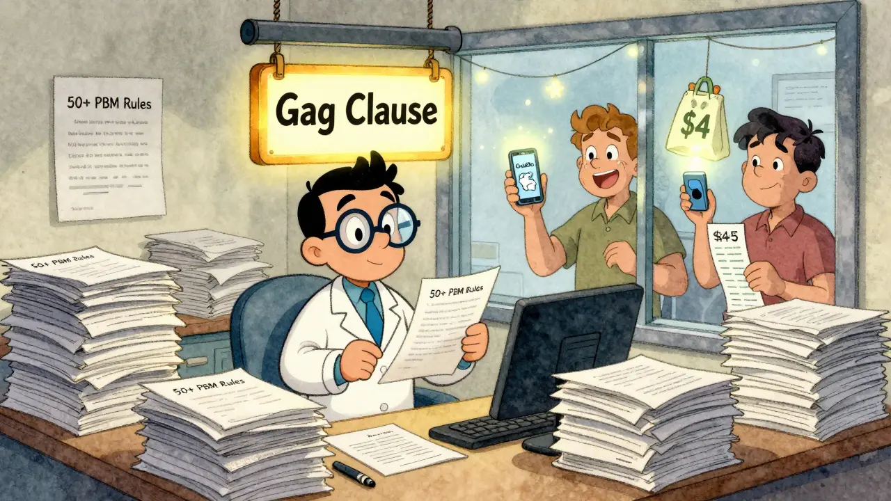 A pharmacist overwhelmed by paperwork with a 'Gag Clause' sign above, while patients hold GoodRx apps glowing with savings.