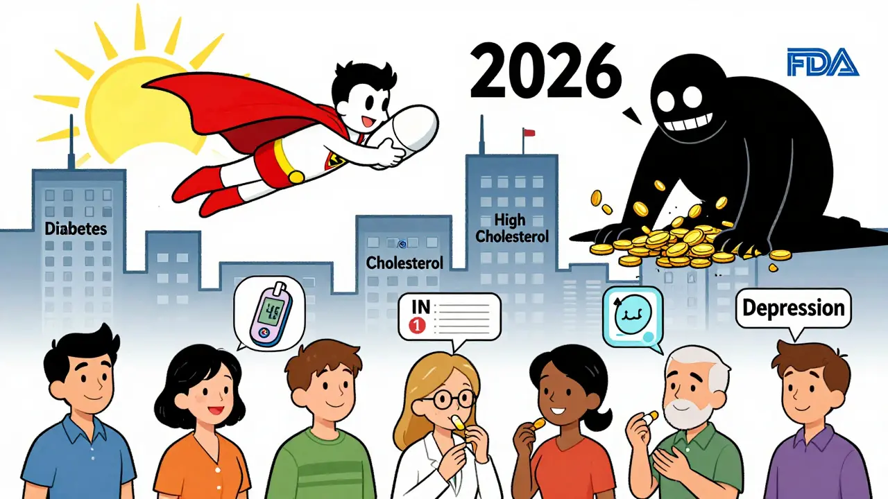 A superhero generic pill saves patients from expensive brand-name drugs, with health monitors floating nearby in cartoon style.