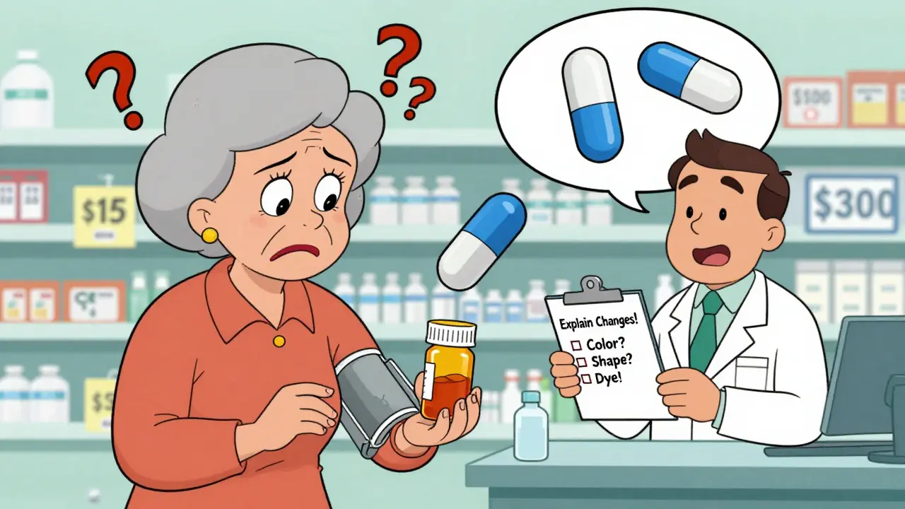 An older woman confused as her pill changes shape, with a pharmacist offering explanation in a bright pharmacy setting.