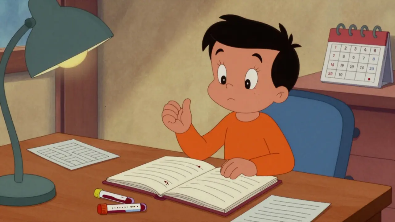 Animated person reviewing health notes and charts at a home desk.