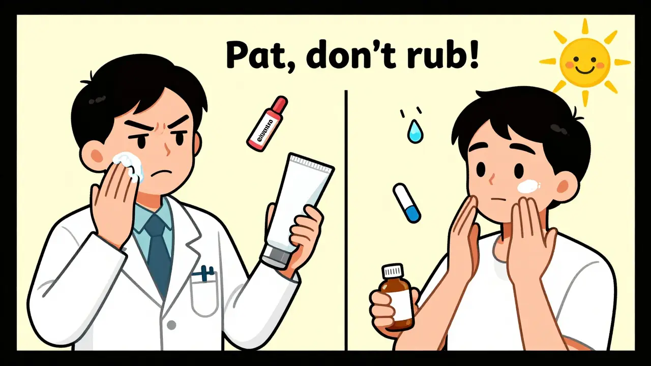 Cartoon patient learning to gently apply psoriasis cream while a sun shines, contrasting with harsh rubbing