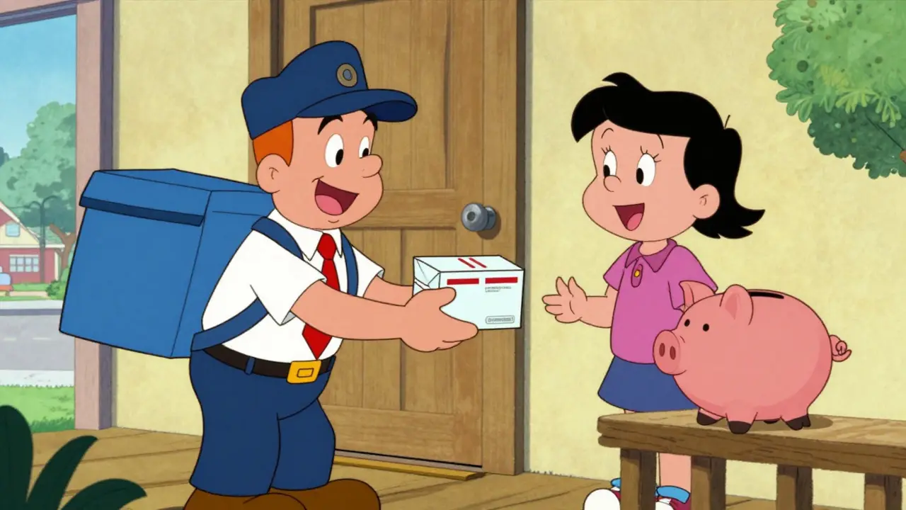 Delivery person handing medicine package to smiling customer at door