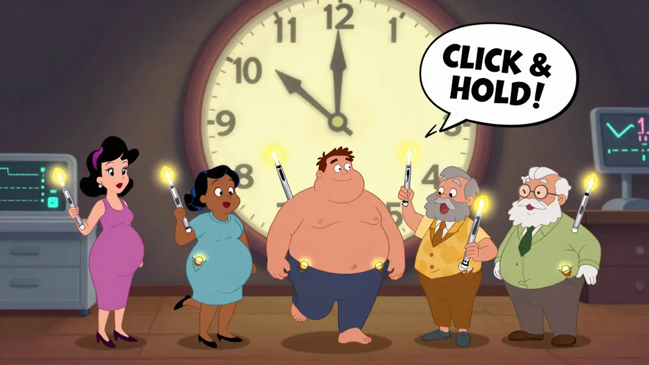 Expired EpiPens glow as people use them, with a voice-guided injector and spinning clock showing urgency in classic cartoon style.