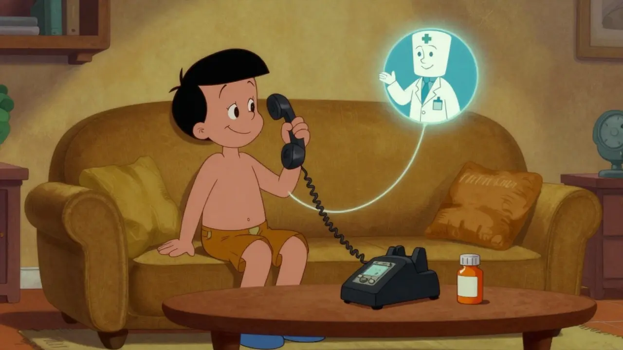 Patient using phone for telehealth consultation on living room couch